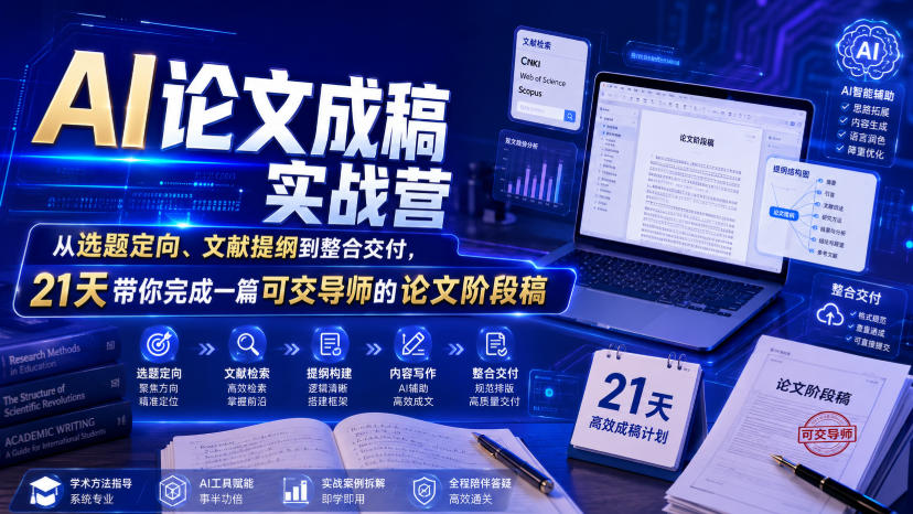 AI论文成稿实战营，从选题定向、文献提纲到整合交付，21天带你完成一篇可交导师的论文阶段稿-云创网