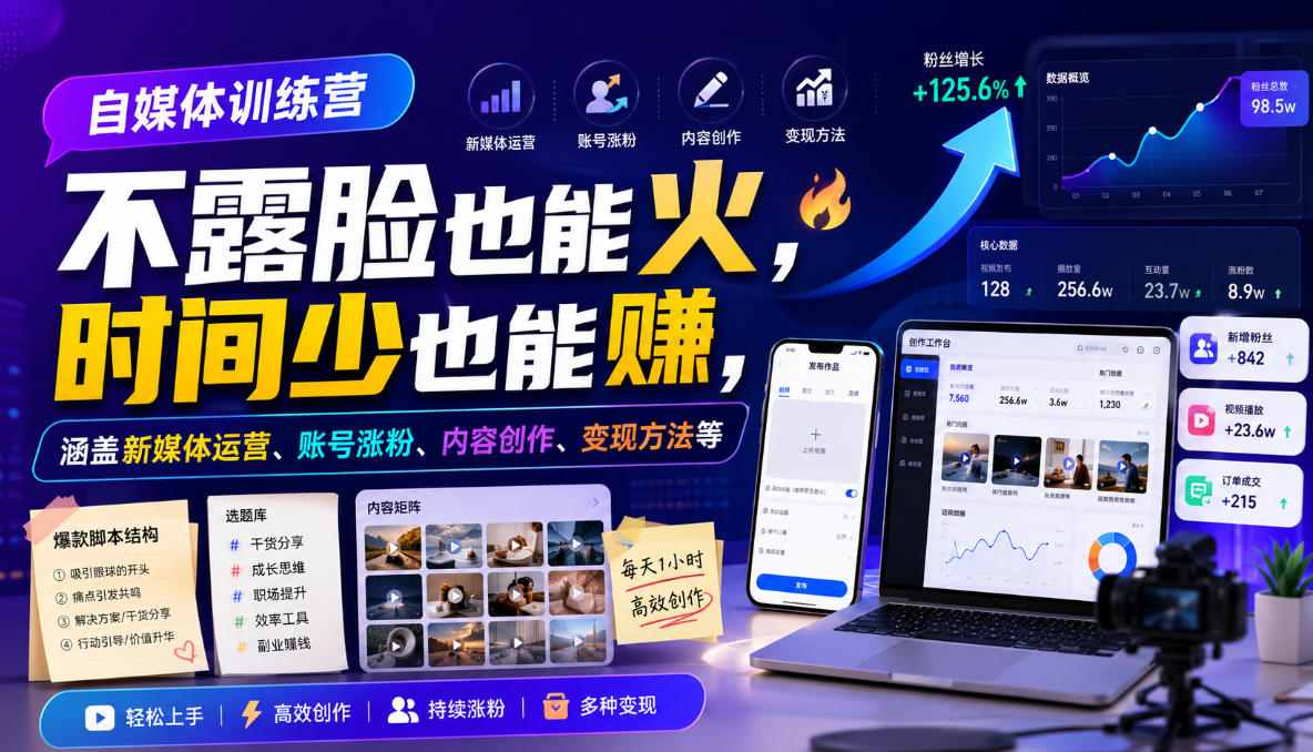 自媒体训练营，不露脸也能火，时间少也能賺，涵盖新媒体运营、账号涨粉、内容创作、变现方法等-云创网