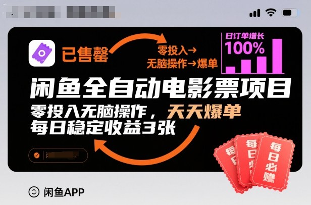 闲鱼全自动电影票项目，零投入无脑操作，天天爆单，每日稳定收益3张【揭秘】-云创网