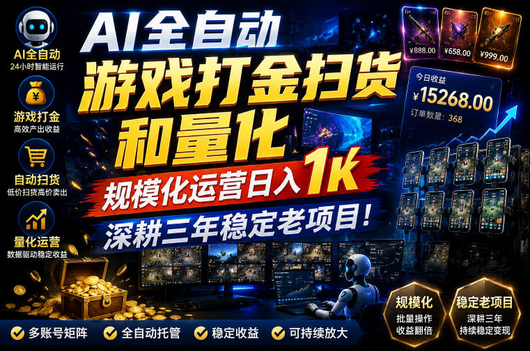 AI全自动游戏打金扫货和量化，规模化运营日入1k，深耕三年稳定老项目！【揭秘】-云创网