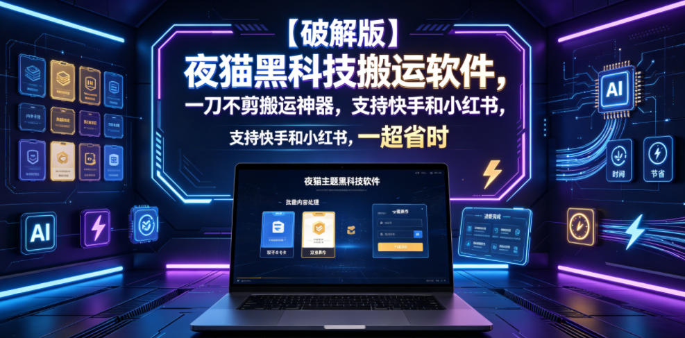 【破解版】夜猫黑科技搬运软件，一刀不剪搬运神器，支持快手和小红书，一键搬运超省时！-云创网
