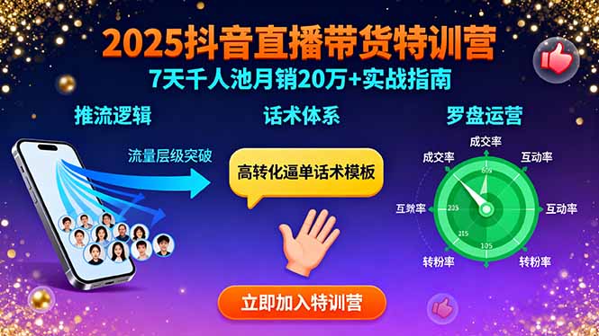 2025抖音直播带货特训：推流逻辑、话术体系、罗盘运营,7天千人池月销20万+-云创网