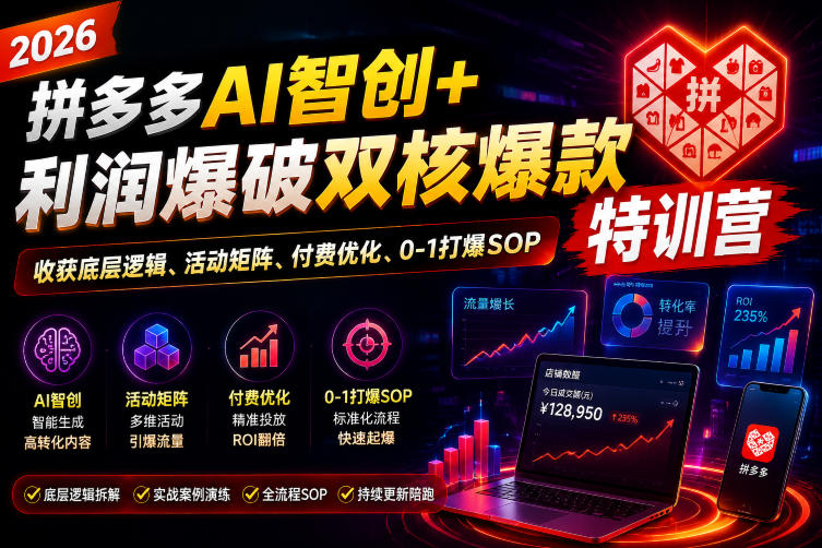 2026拼多多AI智创+利润爆破双核爆款特训营，收获底层逻辑、活动矩阵、付费优化、0-1打爆SOP（更新0727）-云创网
