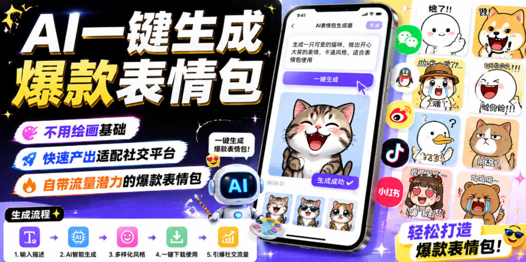 AI一键生成爆款表情包，不用绘画基础，快速产出适配社交平台，自带流量潜力的爆款表情包-云创网