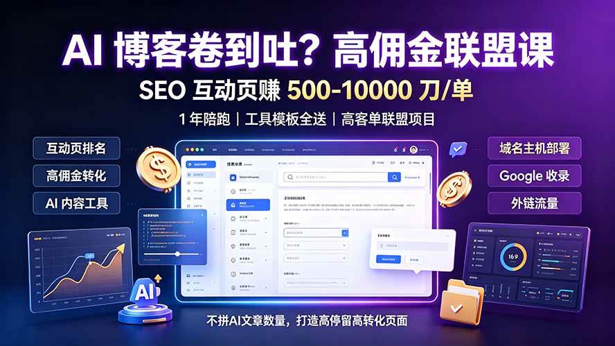 （19390期）AI 博客卷到吐？高佣金联盟课：SEO 互动页赚 500-10000 刀 单，1 年陪跑 + 工具模板全送-云创网