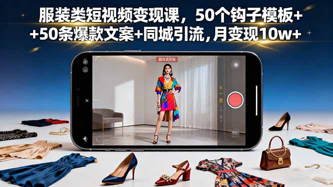 服装类短视频变现课，50个钩子模板+50条爆款文案+同城引流，月变现10w+-云创网