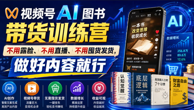 视频号AI图书带货训练营，不用露脸、不用直播、不用囤货发货，做好内容就行，一条爆款视频佣金8942-云创网