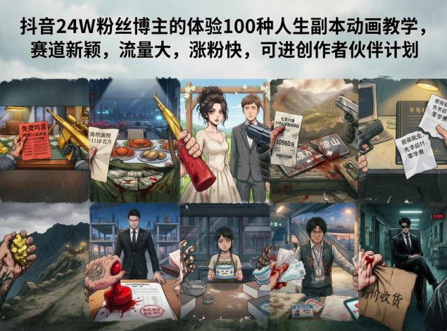 抖音24W粉丝博主的体验100种人生副本动画教学，赛道新颖，流量大，涨粉快，可进创作者伙伴计划-云创网