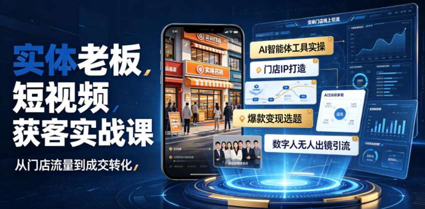 实体老板短视频获客实战课｜AI智能体工具全套实操、门店IP打造、爆款变现选题、数字人无人出镜引流完整教程-云创网