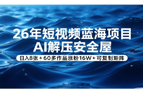 26年短视频蓝海项目，AI解压安全屋，日入8张+60多作品涨粉16W+可复制矩阵-云创网