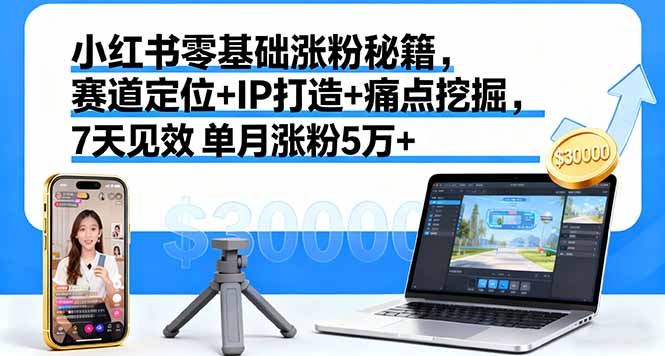 小红书零基础涨粉秘籍，赛道定位+IP打造+痛点挖掘，7天见效 单月涨粉5万+-云创网