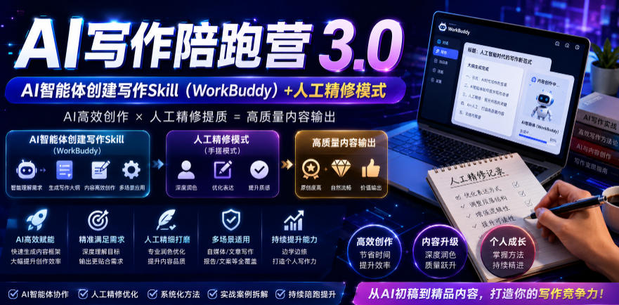AI写作陪跑营3.0，Ai智能体创建写作skill（workbuddy）+人工手写模式（手搓模式），去除AI痕迹（头条号、公众号、百家号）（更新0730）-云创网