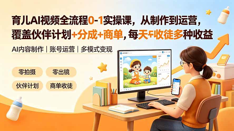 （19236期）育儿AI视频全流程0-1实操课，从制作到运营，覆盖伙伴计划+分成+商单+收徒多种收益，每天500+收益-云创网