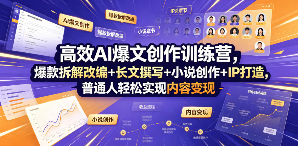 高效AI爆文创作训练营，爆款拆解改编+长文撰写+小说创作+IP打造，普通人轻松实现内容变现-云创网