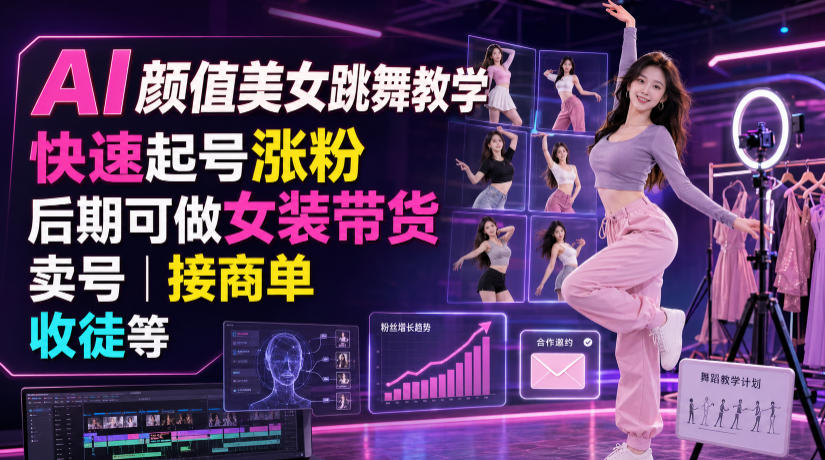 AI颜值美女跳舞教学，快速起号涨粉，后期可做女装带货，卖号，接商单，收徒等-云创网