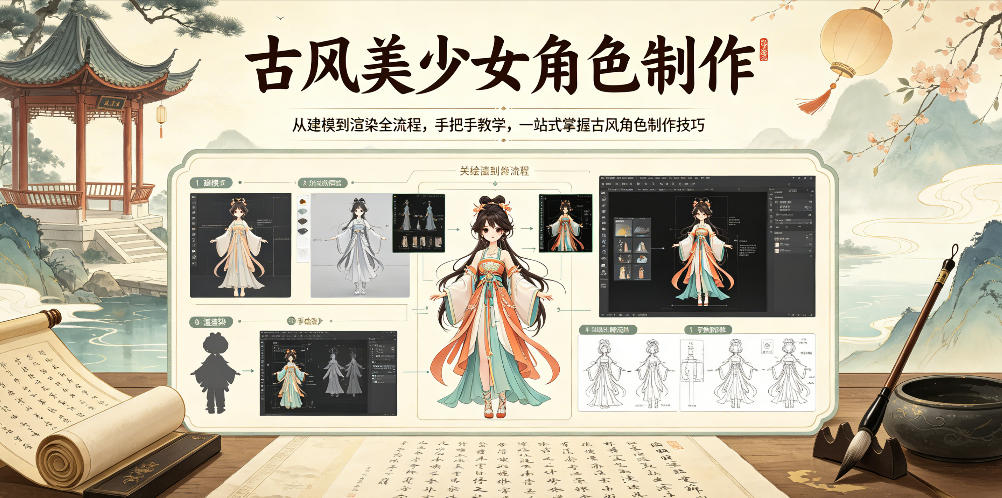 古风美少女角色制作，从建模到渲染全流程，手把手教学，一站式掌握古风角色制作技巧-云创网