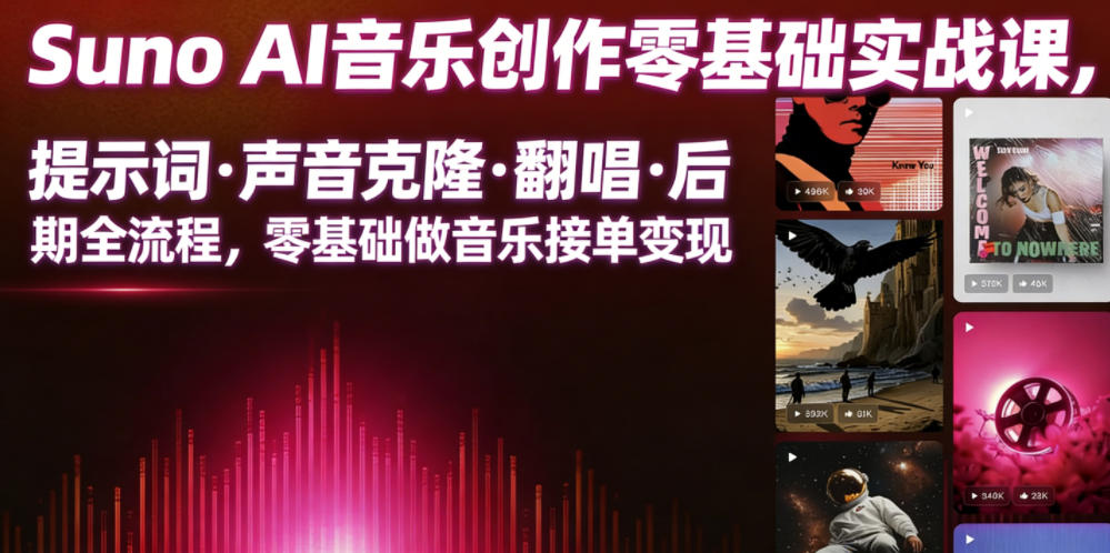 Suno AI音乐创作实战课，提示词・声音克隆・翻唱・后期全流程，零基础做音乐接单变现-云创网