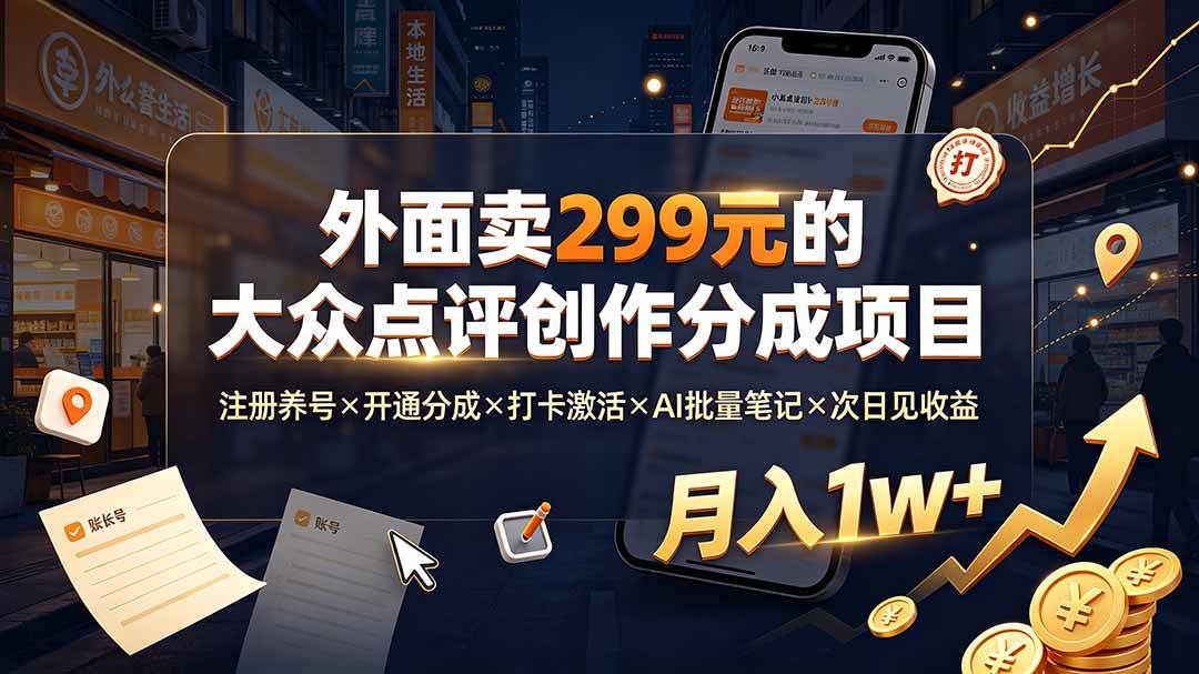 （19488期）外面卖299元的大众点评创作分成项目：注册养号×开通分成×打卡激活×AI批量笔记×次日见收益，月入1w+-云创网
