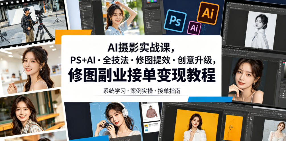 AI摄影实战课，PS+AI・全技法・修图提效・创意升级，修图副业接单变现教程-云创网
