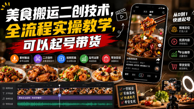 美食搬运二创技术，全流程实操教学，可以起号带货-云创网