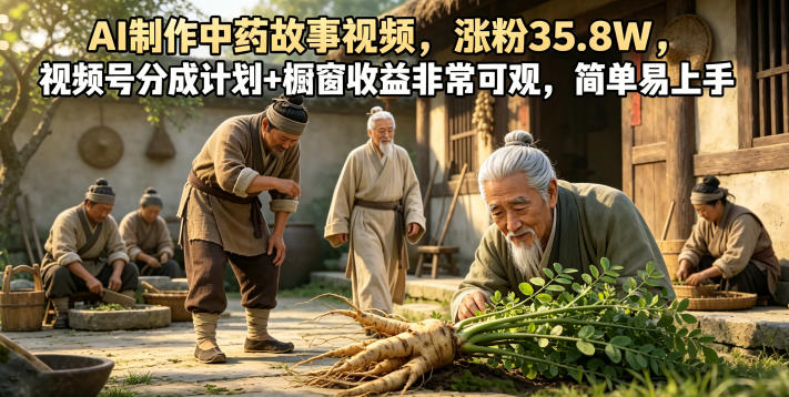 AI制作中药故事视频，涨粉35.8W，视频号分成计划+橱窗收益非常可观，简单易上手-云创网