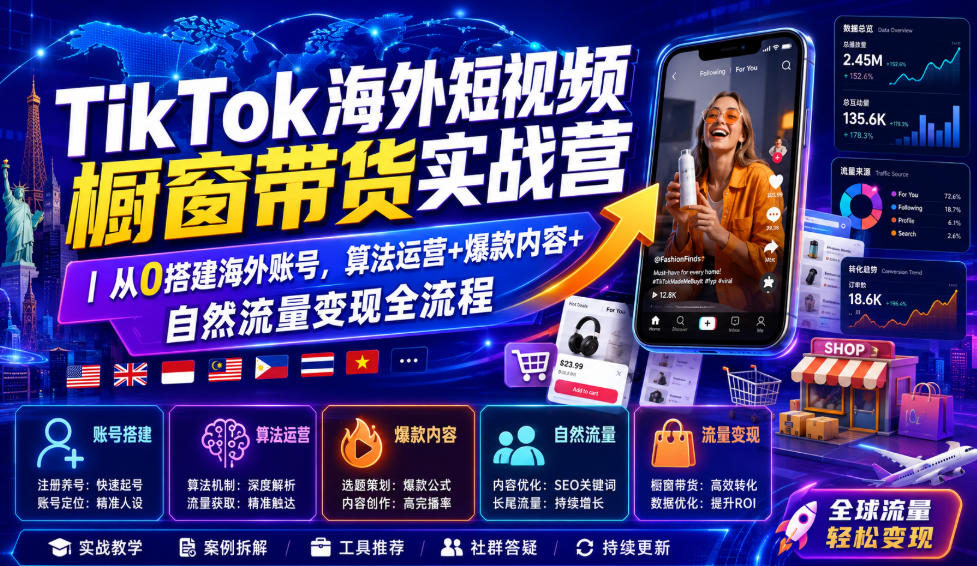 TikTok海外短视频橱窗带货实战营｜从0搭建海外账号，算法运营+爆款内容+自然流量变现全流程-云创网