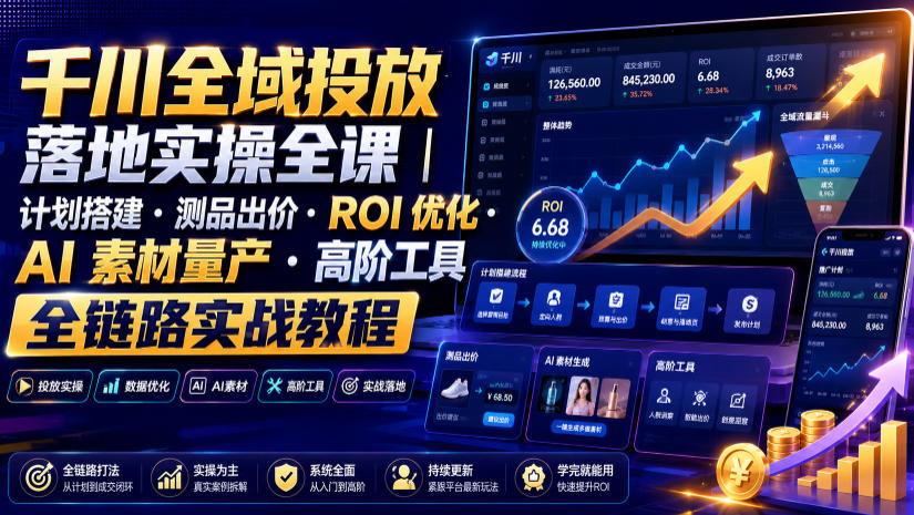 千川全域投放落地实操全课｜计划搭建・测品出价・ROI优化・AI素材量产・高阶工具全链路实战教程-云创网