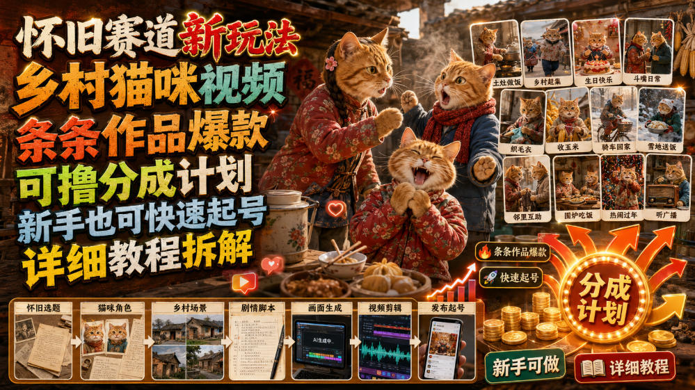 怀旧赛道新玩法，乡村猫咪视频，条条作品爆款，可撸分成计划，新手也可快速起号，详细教程拆解-云创网