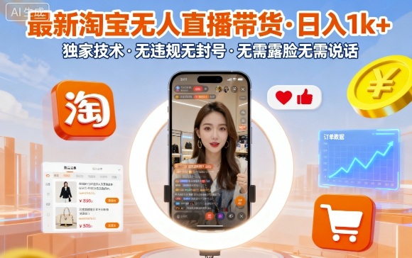 最新淘宝无人直播带货，日入1k+，独家技术，无违规无封号，无需露脸无需说话【揭秘】-云创网