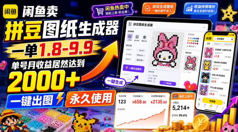 闲鱼卖拼豆图纸生成器，一单1.8-9.9，单号月收益居然达到2000+一键出图永久使用-云创网