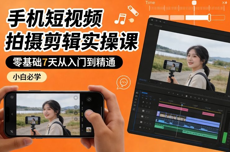 手机短视频拍摄剪辑实操课，零基础7天从入门到精通，小白必学-云创网