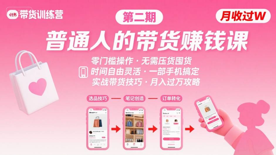 小红书带货第二期训练营，普通人月收过W的带货课，时间自由，零门槛无压货，一部手机即可操作-云创网