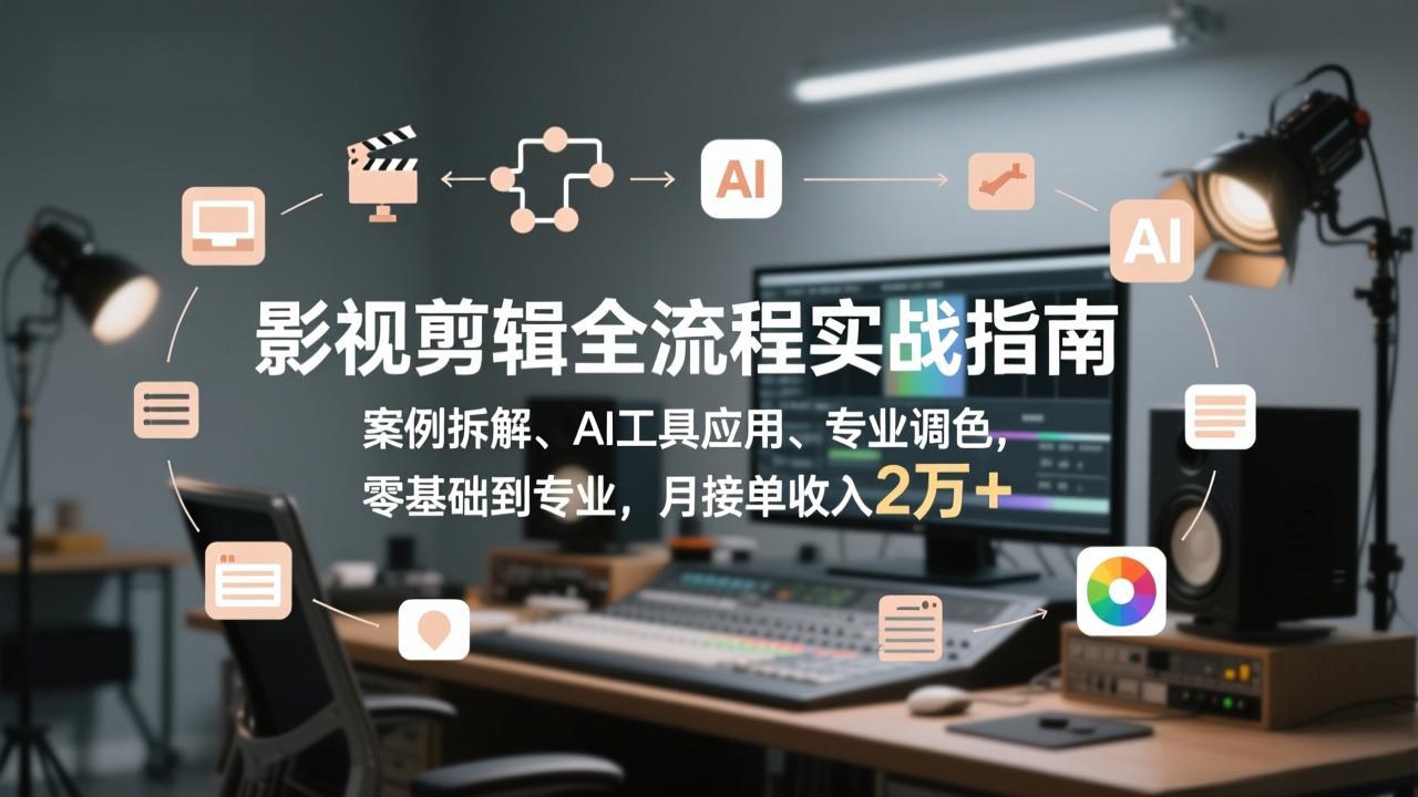 影视剪辑全流程实战指南，案例拆解、AI工具应用、专业调色，零基础到专业，月接单收入2万+-云创网