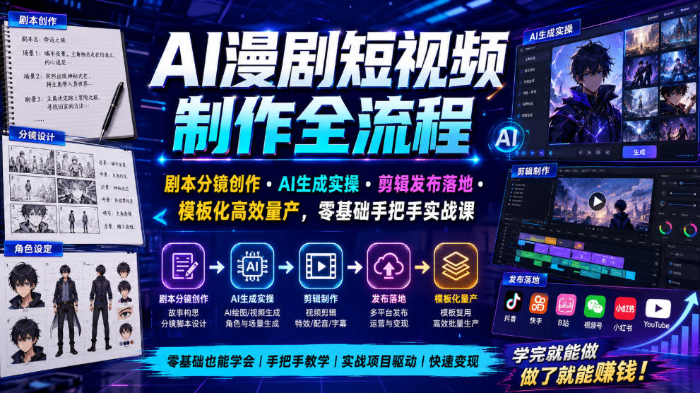 AI漫剧短视频制作全流程｜剧本分镜创作・AI生成实操・剪辑发布落地・模板化高效量产，零基础手把手实战课-云创网