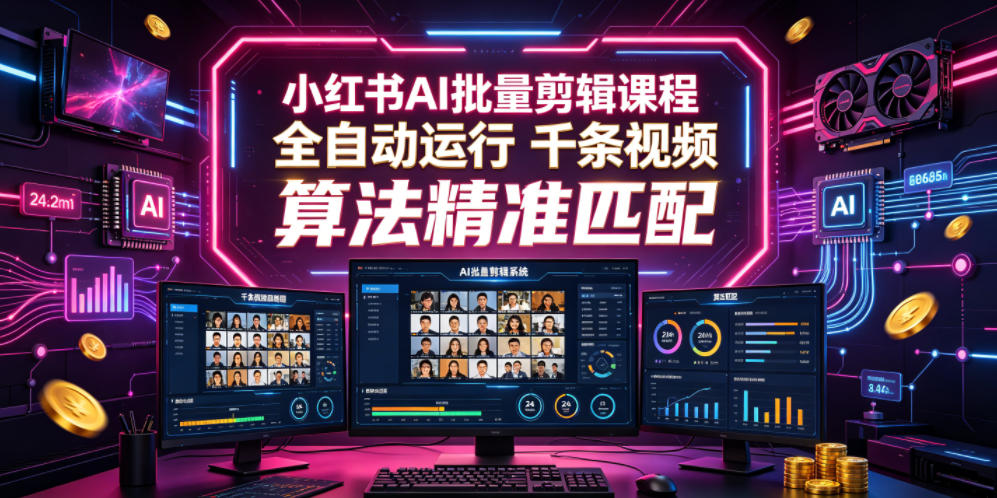 小红书AI批量剪辑课程，24小时全自动运行，解放双手专注运营，千条视频批量处理，小红书算法精准匹配-云创网