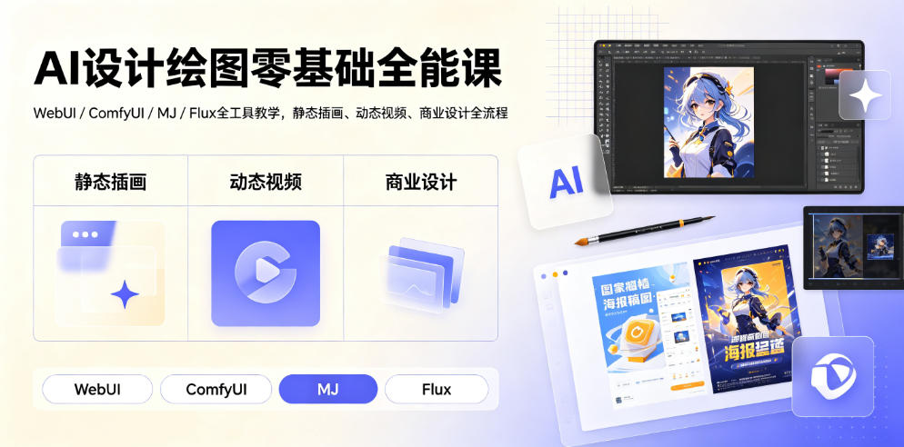 AI设计绘图零基础全能课｜WebUI/ComfyUI/MJ/Flux全工具教学，静态插画、动态视频、商业设计全流程-云创网