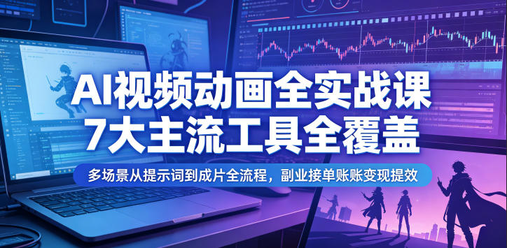 AI视频动画全实战课，7大主流工具全覆盖，多场景从提示词到成片全流程，副业接单账号变现提效-云创网