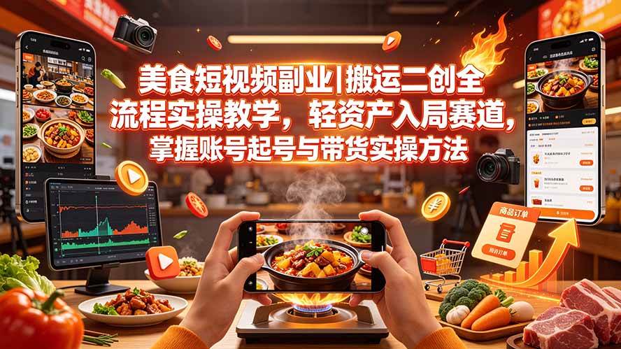 （19535期）美食短视频副业｜搬运二创全流程实操教学，轻资产入局赛道，掌握账号起号与带货实操方法-云创网
