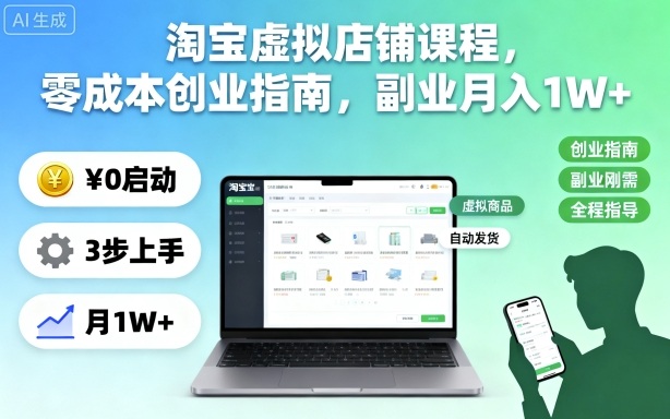 淘宝虚拟店铺课程，零成本创业指南，副业月入1W+-云创网