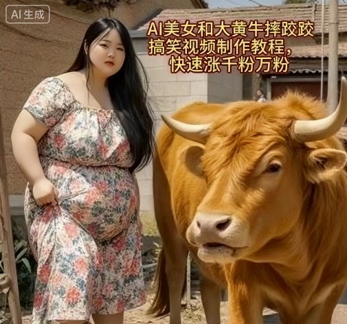 AI美女和大黄牛摔跤搞笑荒诞视频制作教程，快速涨千粉万粉-云创网