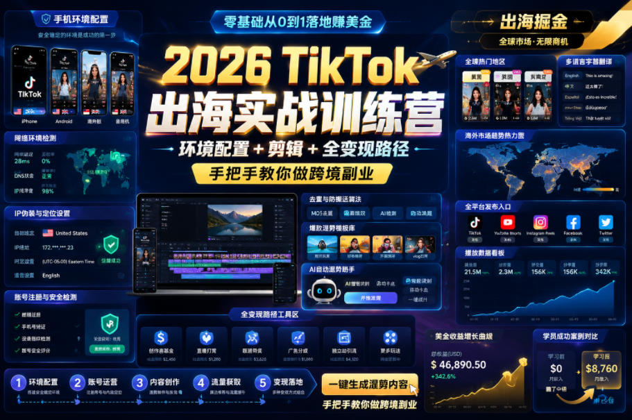 2026 TikTok出海实战训练营，环境配置 + 剪辑 + 全变现路径，手把手教你做跨境副业-云创网