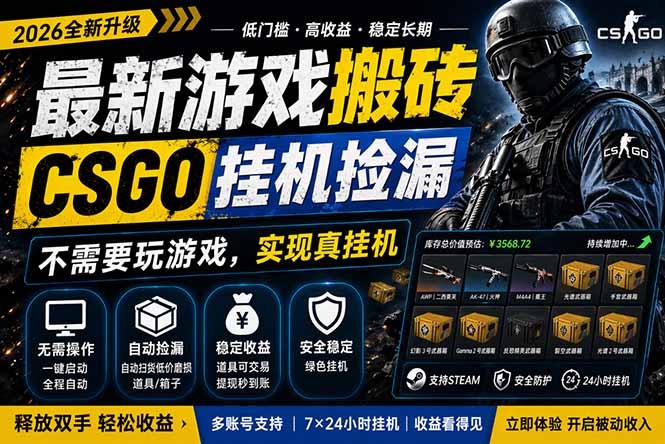 最新游戏搬砖，CSGO纯挂机，不需要玩游戏，实现真挂机，月入1W+，五一小高峰上车可吃肉，...-云创网