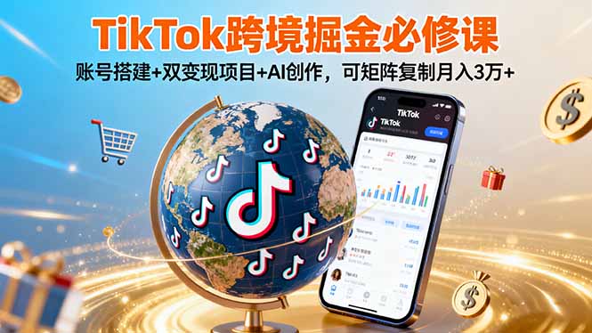 TikTo跨境掘金必修课，账号搭建+双变现项目+AI创作，可矩阵复制月入3万+-云创网