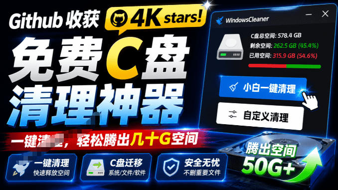 Github收获4K stars！免费C盘清理神器，轻松腾出几十G空间，支持C盘迁移Windows Cleaner-云创网
