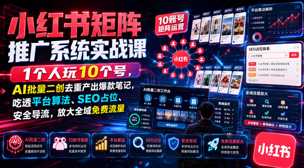 小红书矩阵推广系统实战课｜1个人玩10个号，AI批量二创去重产出爆款笔记，吃透平台算法、SEO占位、安全导流，放大全域免费流量-云创网