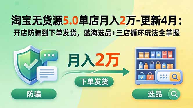 淘宝无货源5.0单店月入2万-更新5月：开店防骗到下单发货，蓝海选品+三店循环玩法全掌握-云创网