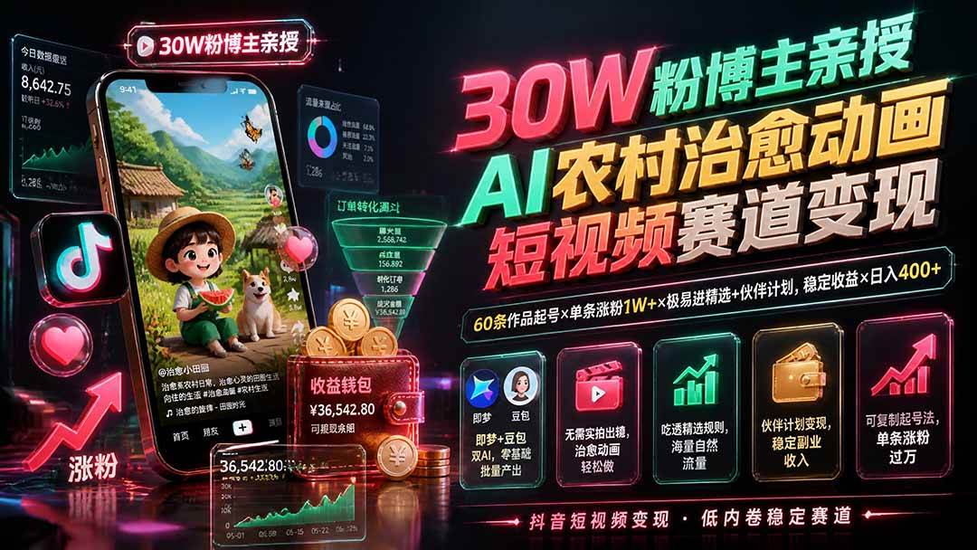 （19648期）30W粉博主亲授AI农村治愈动画短视频赛道变现：60条作品起号×单条涨粉1W+×极易进精选+伙伴计划，稳定收益×日入400+-云创网