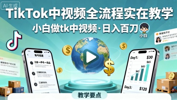 TikTok中视频全流程实操教学，小白做tk中视频，日入百刀-云创网
