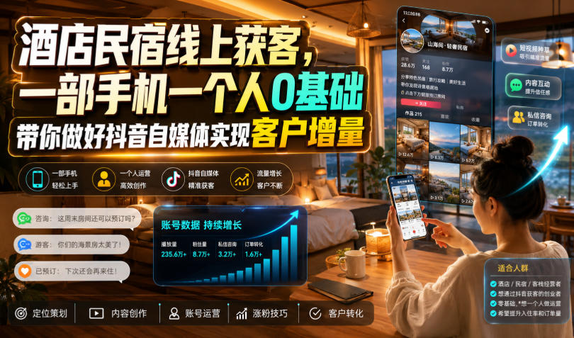 酒店民宿线上获客，一部手机一个人0基础带你做好抖音自媒体实现客户增量-云创网