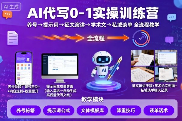 AI代写0-1实操训练营，从养号、提示词、征文演讲、学术文，到私域谈单的全流程教学-云创网